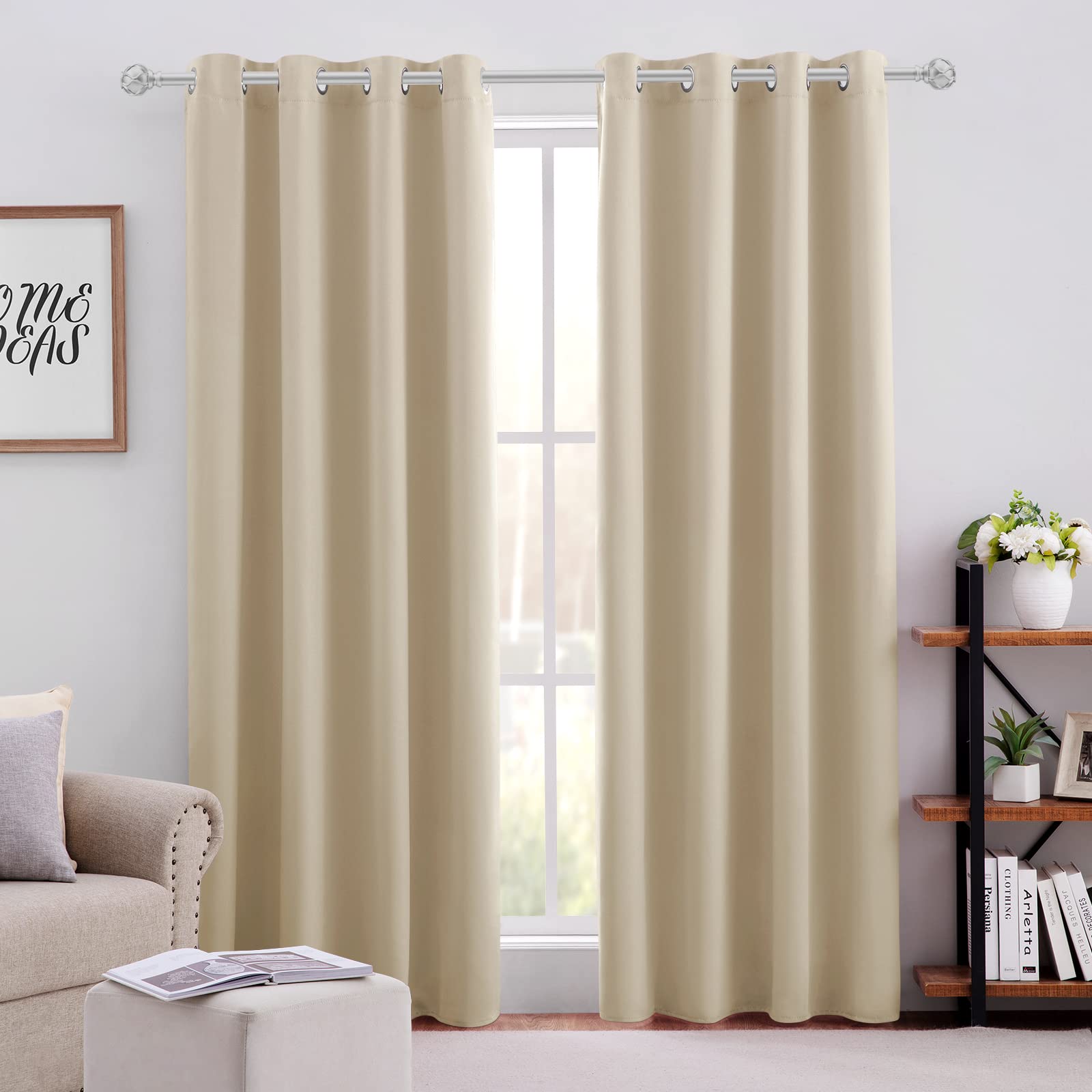 Homeideas Blackout Curtains For Bedroom 52 X 96 Inch Long 2 Panels Set Beige Room Darkening Curtains/Drapes, Soundproof Thermal Grommet Window Curtains For Living Room